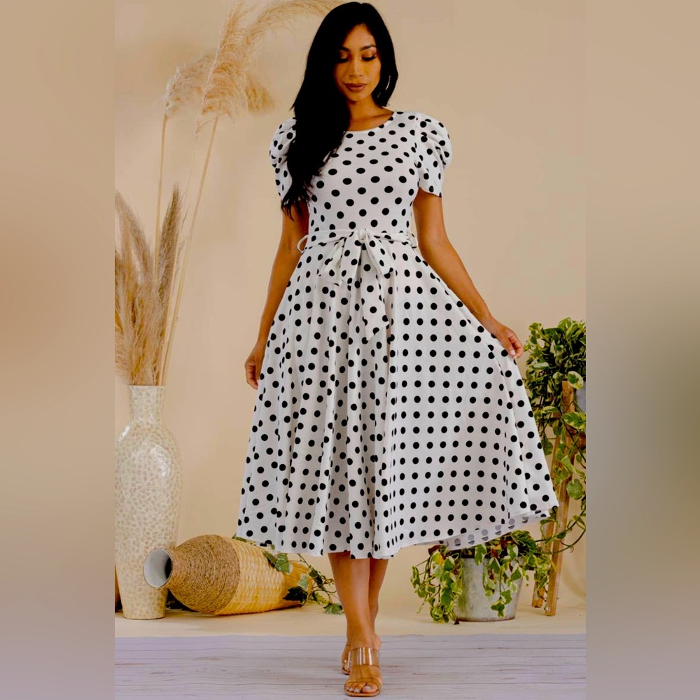 Puff Sleeve Polka Dot Cocktail Dress, Sizes 1X - 3X (Ivory)